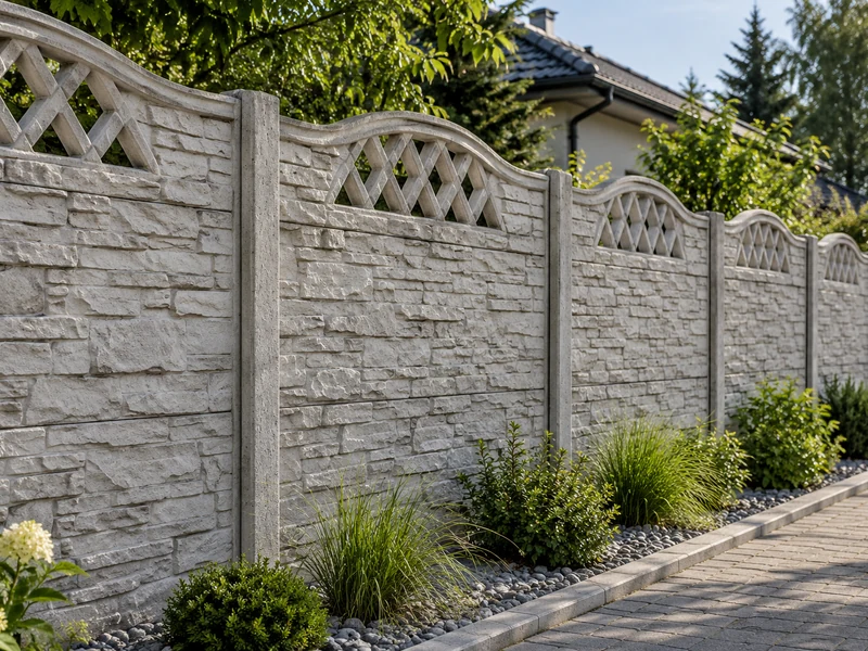 Betonowe ogrodzenie z fakturą kamienia wzdłuż posesji